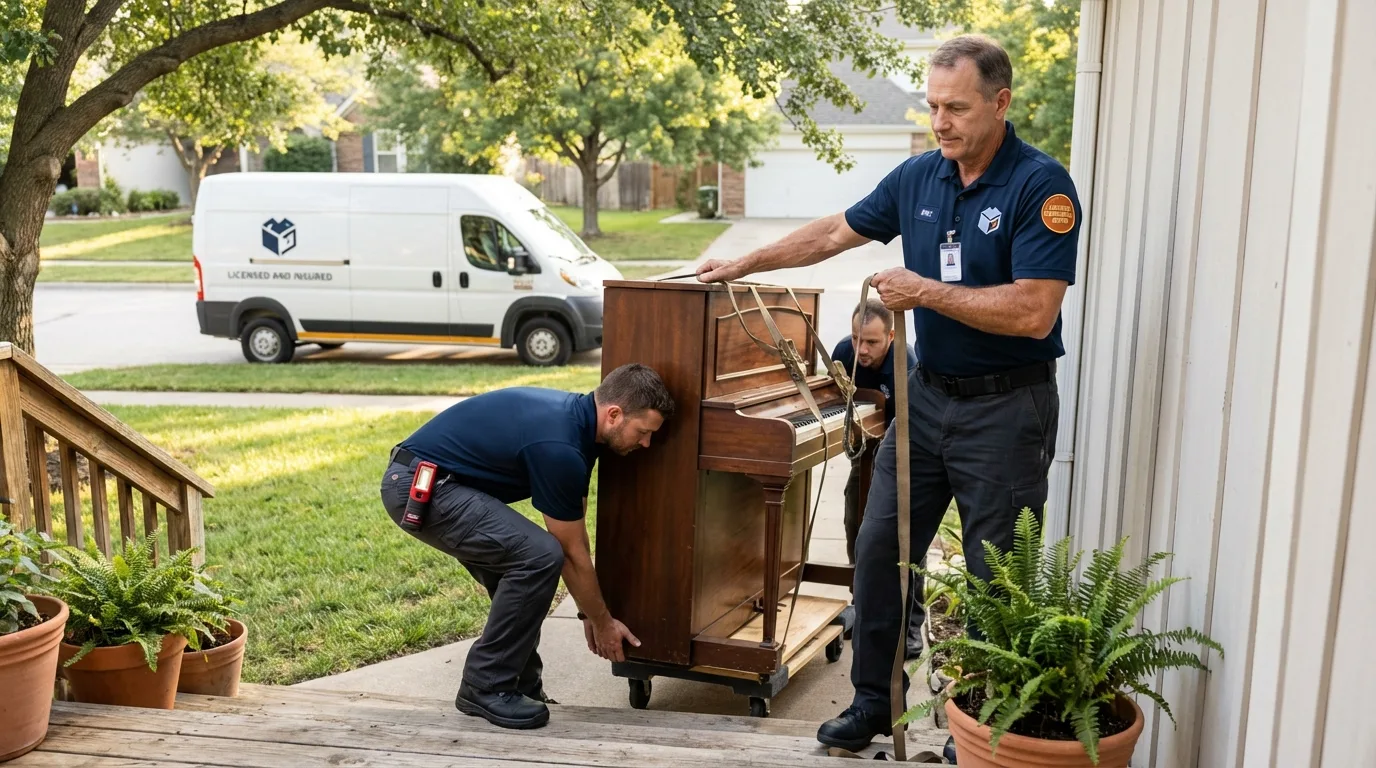 Licensed piano movers securing grand piano in Wampsville, NY