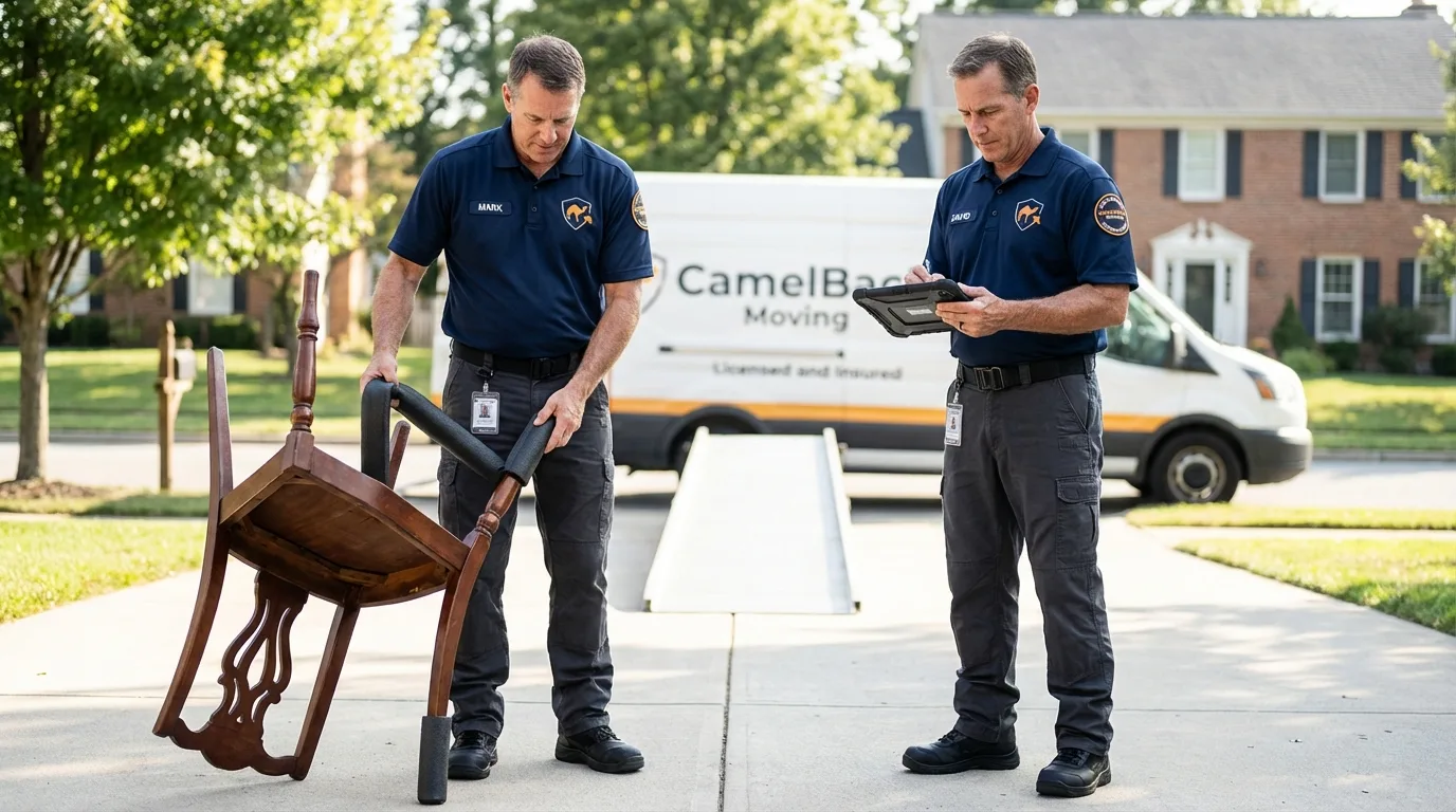 Movers inspecting furniture for damage prevention before loading in Wampsville, NY