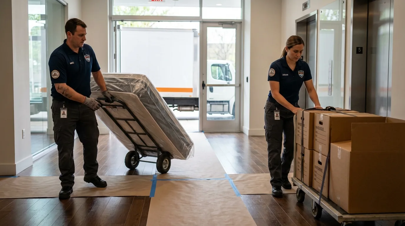Professional apartment movers loading elevator in Wampsville, NY