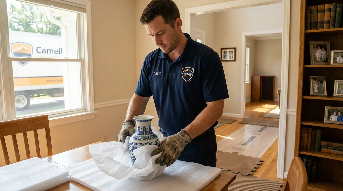 Professional crew carefully wrapping antique vase for senior downsizing move in Wampsville, NY