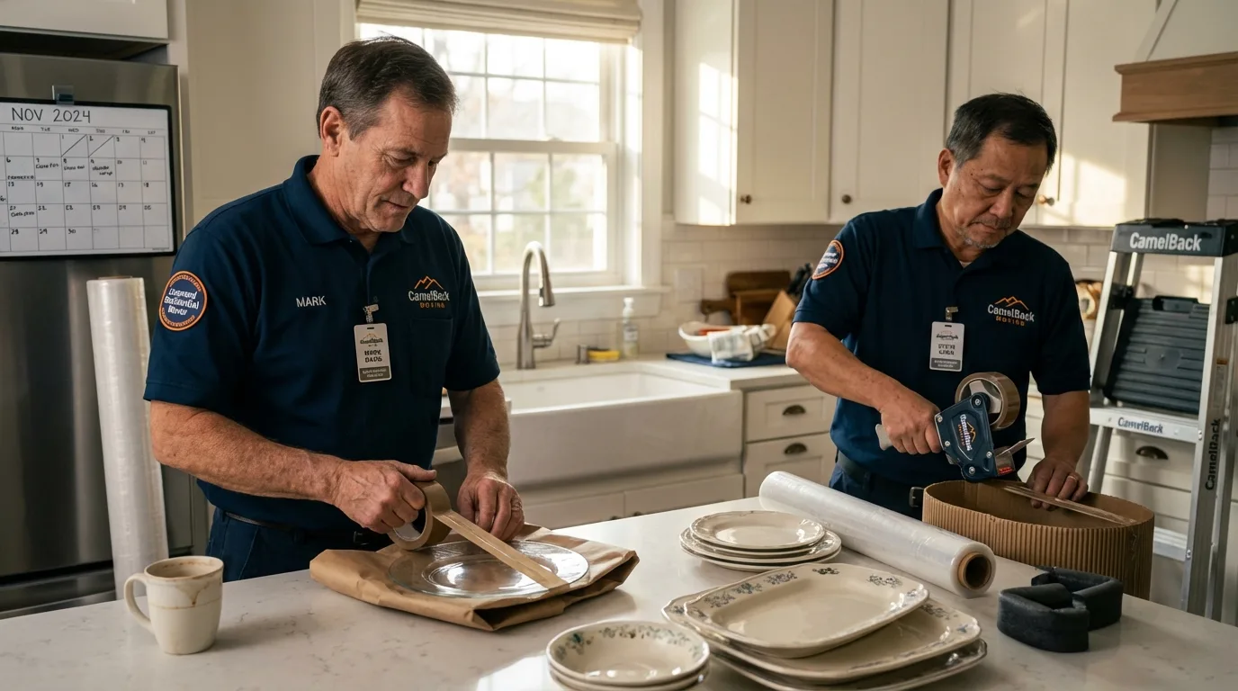 Professional crew packing kitchen dishware in Wampsville, NY